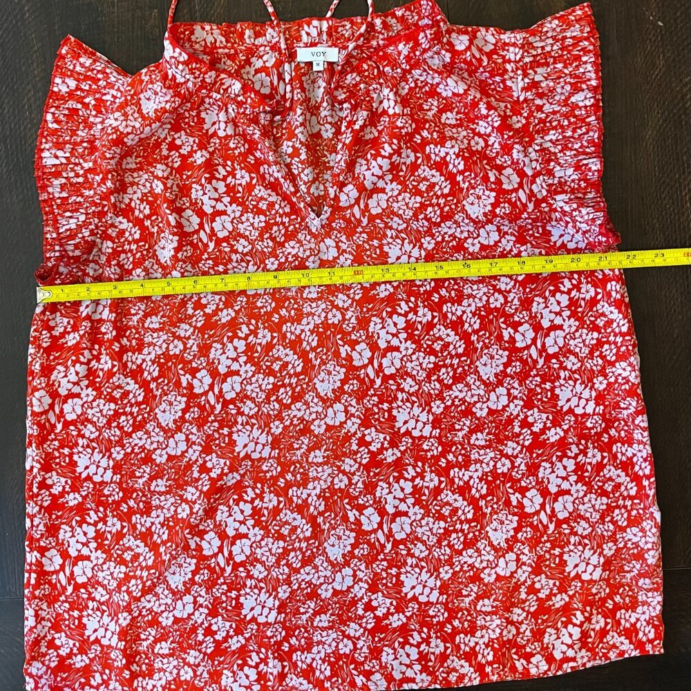 VOY Orange White Floral Ruffle Sleeve V Neck Blouse Size Medium - Picture 4 of 5